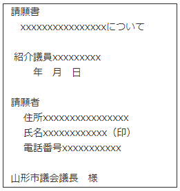 請願書　xxについて／紹介議員：議員名・年月日／請願者住所・請願者氏名（押印）・請願者電話番号／山形市議会議長様