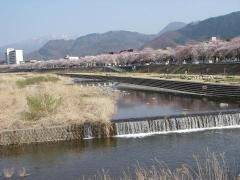 写真：一級河川馬見ヶ崎川です。日本一の芋煮会などイベントに利用される市民に親しみのある河川です。