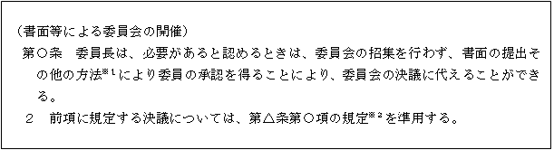 （書面等による委員会の開催）　第〇条　委員長は、必要があると認めるときは、委員会の招集を行わず、書面の提出そのほかの方法※1により委員の承認を得ることにより、委員会の決議に代えることができる。　2　前項に規定する決議については、第△条第〇項の規定※2を準用する。