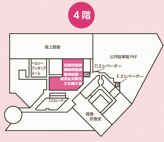 イラスト：4階（保健総務課・健康増進課・生活衛生課事務室）配置図