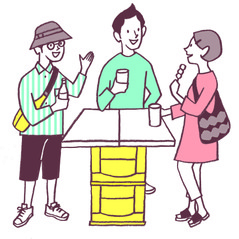 イラスト：テーブルを囲んで立ち話をする若者たち