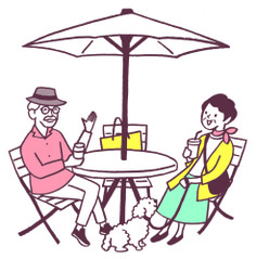 イラスト：ガーデンテーブルで座って話をする夫婦