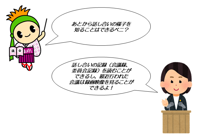 あとから話し合いの様子を知ることはできるベニ？話し合いの記録（会議録、委員会記録）を読むことができるし、最近行われた会議は録画映像を見ることができるよ！