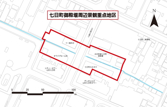 地図：七日町御殿堰周辺景観重点地区エリア