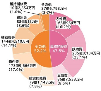 その他52.2%、義務的経費47.8%、人件費165億954万円（16.2%）、扶助費235億8,134万円（23.1%）、公債費 86億7,533万円（8.5%）、投資的経費79億1,143万円（7.8%）、物件費173億9,666万円（17.0%）、補助費等144億4,510万円（14.1%）、繰出金88億513万円（8.6%）、維持補修費10億2,554万円（1.0%）、その他37億6,793万円（3.7％）