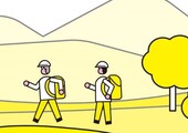 防災バッグを持って避難しているイラスト