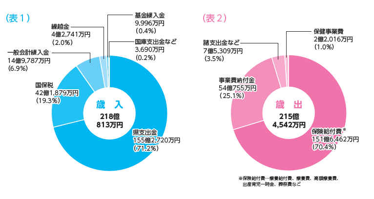 （表1） 歳　入 218億813万円　県支出金 155億2,720万円 （71.2％）　国保税 42億1,879万円 （19.3％）　一般会計繰入金 14億9,787万円 （6.9％）　繰越金 4億2,741万円 （2.0％）　基金繰入金 9,996万円 （0.4％）　国庫支出金など 3,690万円 （0.2％）　（表2） 歳　出 215億4,542万円　保険給付費※ 151億6,462万円 （70.4％）　事業費納付金 54億755万円 （25.1％）　諸支出金など 7億5,309万円 （3.5％）　保健事業費 2億2,016万円 （1.0％）　※保険給付費…療養給付費、療養費、高額療養費、　出産育児一時金、葬祭費など