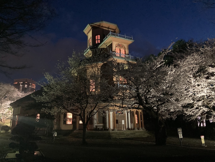 春の夜の三層楼（側面から）